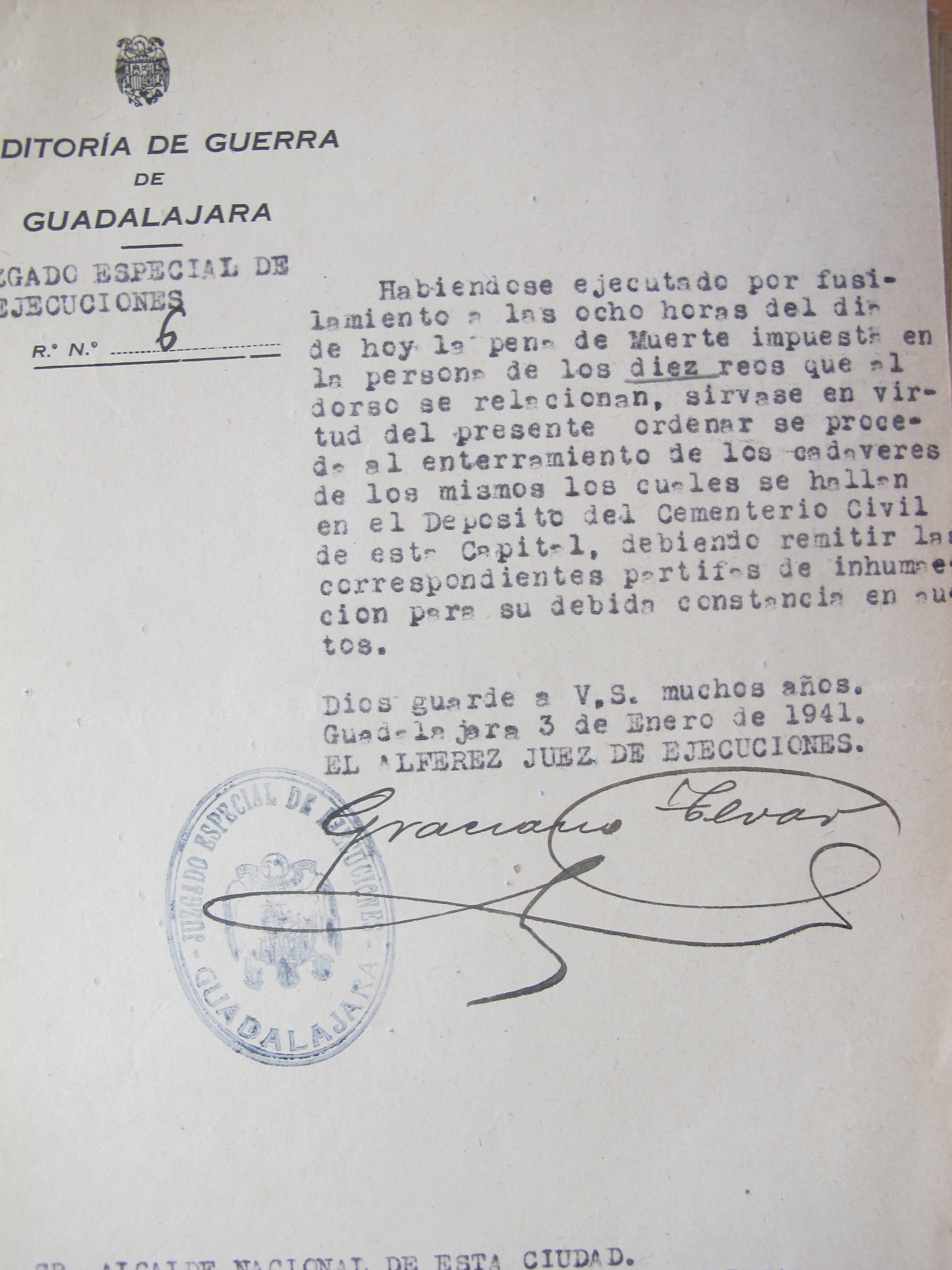 Orden de enterramiento del 3 de enero de 1941. (AMGU)