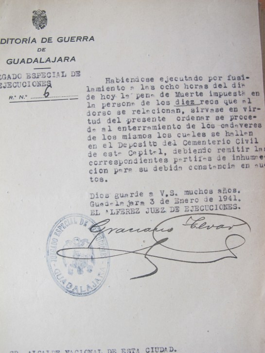Orden de enterramiento del 3 de enero de 1941. (AMGU)